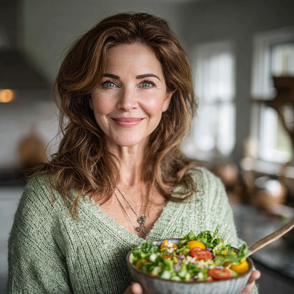 Confident middle-aged woman in her late 40s with shoulder-length brown hair, wearing a light green sweater, smiling warmly while holding a colorful salad bowl in a bright modern kitchen with natural lighting