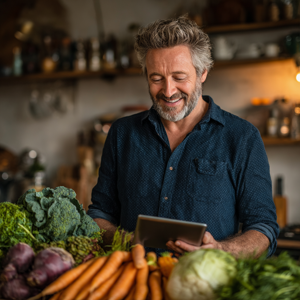 Healthy middle-aged man in his early 50s with graying temples and a warm smile, wearing a navy blue casual shirt, preparing fresh vegetables in a well-lit kitchen while looking contentedly at a tablet showing meal planning information
